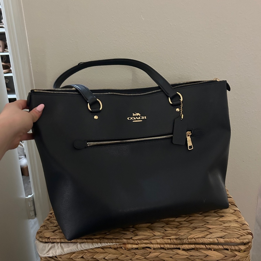Coach Navy Leather Tote with Gold Accents
